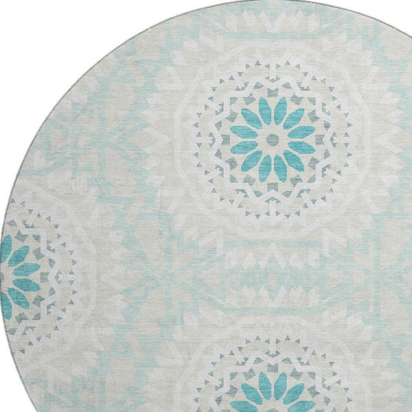 HomeRoots 8' Teal and Ivory Geometric Round Rug – Washable, UV Protected, Stylish & Durable for Any Room 652296