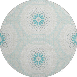 HomeRoots 8' Teal and Ivory Geometric Round Rug – Washable, UV Protected, Stylish & Durable for Any Room 652296