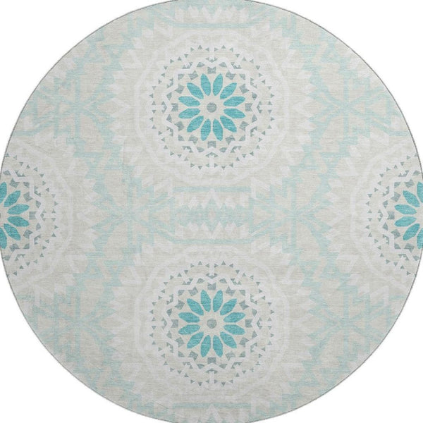 HomeRoots 8' Teal and Ivory Geometric Round Rug – Washable, UV Protected, Stylish & Durable for Any Room 652296