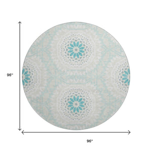 HomeRoots 8' Teal and Ivory Geometric Round Rug – Washable, UV Protected, Stylish & Durable for Any Room 652296