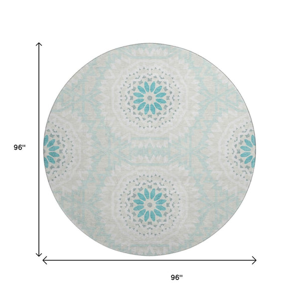 HomeRoots 8' Teal and Ivory Geometric Round Rug – Washable, UV Protected, Stylish & Durable for Any Room 652296