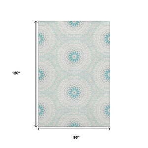 HomeRoots 8' X 10' Teal and Ivory Geometric Area Rug - Washable, Stain Resistant, UV Protected for High Traffic Areas 652297