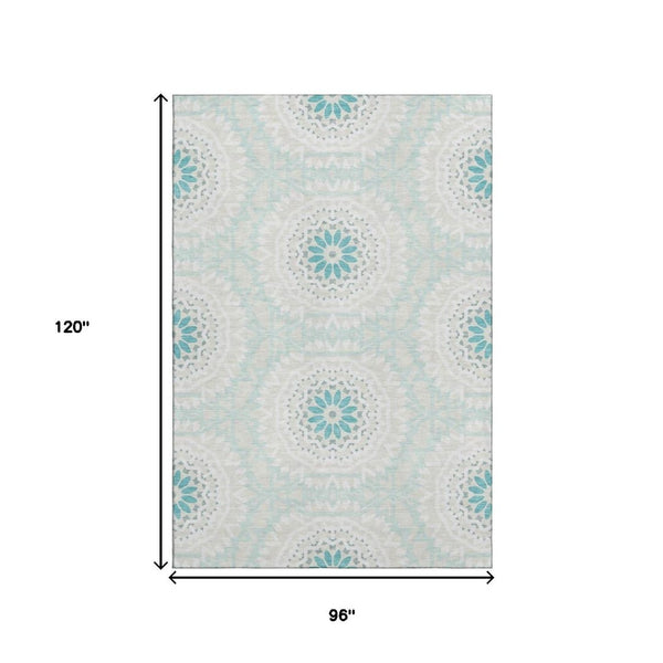 HomeRoots 8' X 10' Teal and Ivory Geometric Area Rug - Washable, Stain Resistant, UV Protected for High Traffic Areas 652297