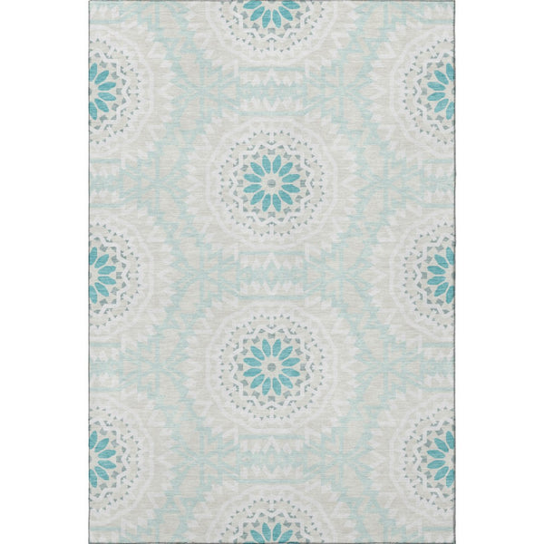 HomeRoots 8' X 10' Teal and Ivory Geometric Area Rug - Washable, Stain Resistant, UV Protected for High Traffic Areas 652297