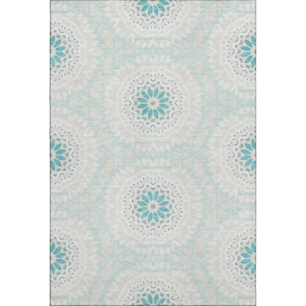 HomeRoots 9' X 12' Teal and Ivory Geometric Area Rug - Washable, UV Protected, Perfect for High-Traffic Spaces! 652298