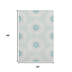 HomeRoots 10' X 14' Teal And Ivory Geometric Area Rug - Washable, UV-Protected, Durable for Busy Homes 652299