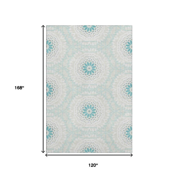 HomeRoots 10' X 14' Teal And Ivory Geometric Area Rug - Washable, UV-Protected, Durable for Busy Homes 652299