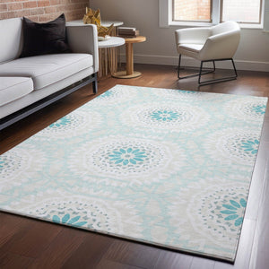 HomeRoots 10' X 14' Teal And Ivory Geometric Area Rug - Washable, UV-Protected, Durable for Busy Homes 652299