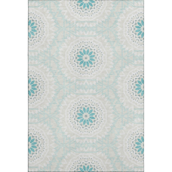 HomeRoots 10' X 14' Teal And Ivory Geometric Area Rug - Washable, UV-Protected, Durable for Busy Homes 652299