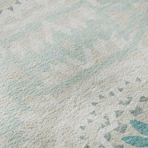 HomeRoots 10' X 14' Teal And Ivory Geometric Area Rug - Washable, UV-Protected, Durable for Busy Homes 652299