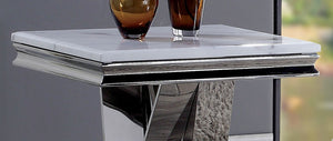English Elm 1pc End Table Luxe Faux Marble Top with Beveled Edge, Interlocking Pedestal Base, Sleek Metal Finish, 23" Height, Elegant Accent Piece Chrome 28 L x 27 W x 3 H B2741S00434