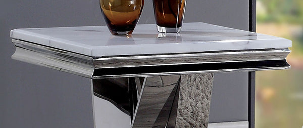 English Elm 1pc End Table Luxe Faux Marble Top with Beveled Edge, Interlocking Pedestal Base, Sleek Metal Finish, 23" Height, Elegant Accent Piece Chrome 28 L x 27 W x 3 H B2741S00434