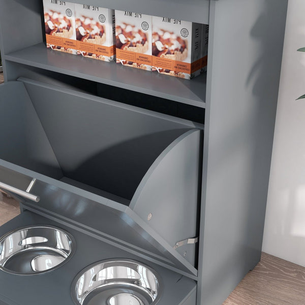 English Elm Pet Feeder Cabinet with Pull-out Raised Bowls Hooks and Matte Black Mdf Storage T3971P407151