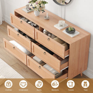 English Elm Rattan 6-Drawer Double Dresser with Handwoven PE Rattan Fronts, Wood Top, Copper Pulls, Spacious Storage Natural T3623P411337