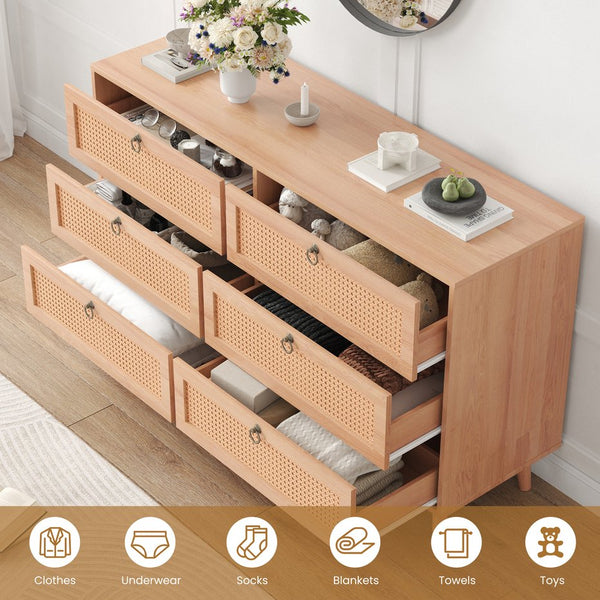 English Elm Rattan 6-Drawer Double Dresser with Handwoven PE Rattan Fronts, Wood Top, Copper Pulls, Spacious Storage Natural T3623P411337