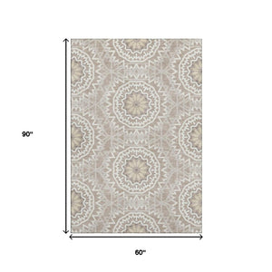 HomeRoots 5' X 8' Taupe and Ivory Geometric Area Rug - Washable, Stain Resistant, UV Protected for Modern Style 652301