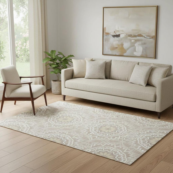 HomeRoots 5' X 8' Taupe and Ivory Geometric Area Rug - Washable, Stain Resistant, UV Protected for Modern Style 652301