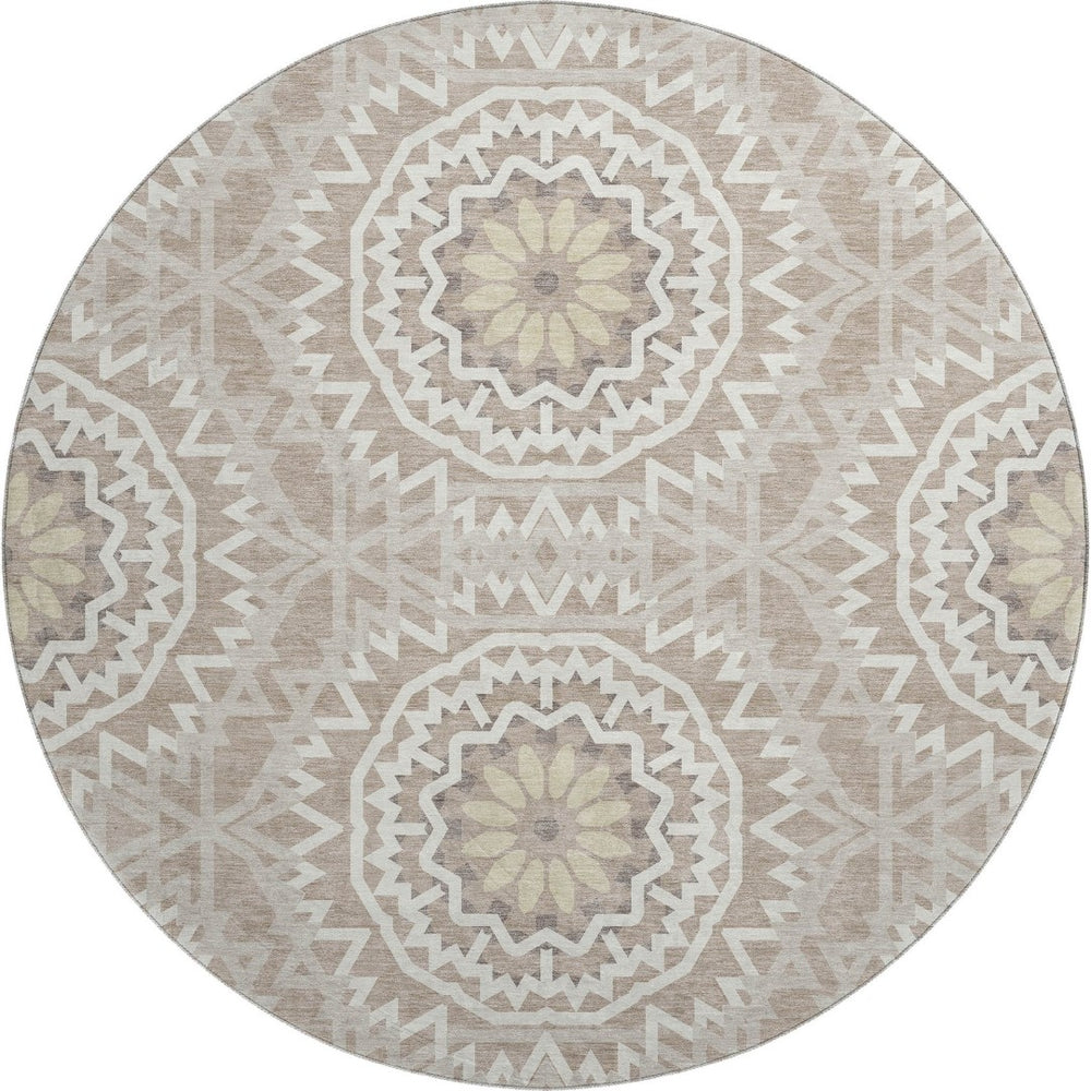 HomeRoots 8' Stylish Taupe and Ivory Geometric Round Rug - Washable, UV Protected, Perfect for Home & Patio 652302