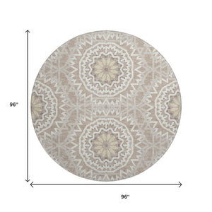 HomeRoots 8' Stylish Taupe and Ivory Geometric Round Rug - Washable, UV Protected, Perfect for Home & Patio 652302