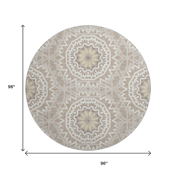 HomeRoots 8' Stylish Taupe and Ivory Geometric Round Rug - Washable, UV Protected, Perfect for Home & Patio 652302