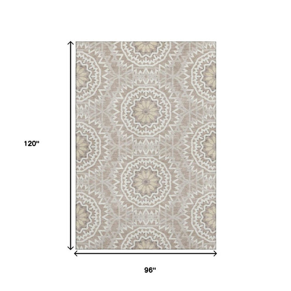 HomeRoots 8' X 10' Stylish Taupe & Ivory Geometric Washable Area Rug with UV Protection for High-Traffic Spaces 652303