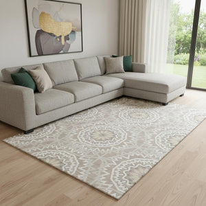 HomeRoots 8' X 10' Stylish Taupe & Ivory Geometric Washable Area Rug with UV Protection for High-Traffic Spaces 652303