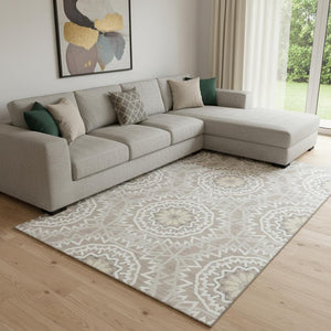 HomeRoots 9' X 12' Taupe Geometric Area Rug - Washable, Stain Resistant, UV Protected for High-Traffic Spaces 652304