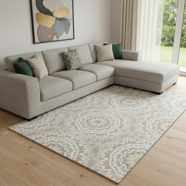 HomeRoots 9' X 12' Taupe Geometric Area Rug - Washable, Stain Resistant, UV Protected for High-Traffic Spaces 652304