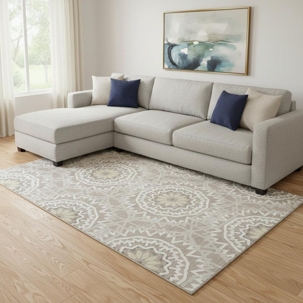 HomeRoots 10' X 14' Stylish Taupe and Ivory Geometric Area Rug - Washable, UV Protected, Stain Resistant! 652305