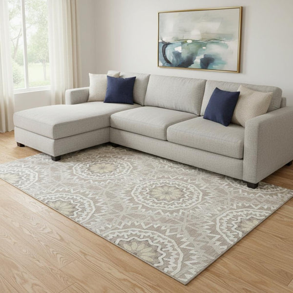 HomeRoots 10' X 14' Stylish Taupe and Ivory Geometric Area Rug - Washable, UV Protected, Stain Resistant! 652305