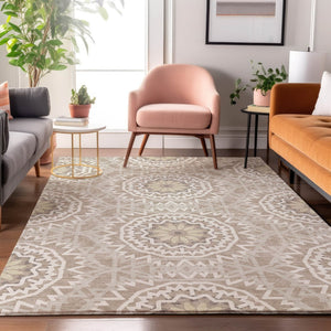 HomeRoots 10' X 14' Stylish Taupe and Ivory Geometric Area Rug - Washable, UV Protected, Stain Resistant! 652305