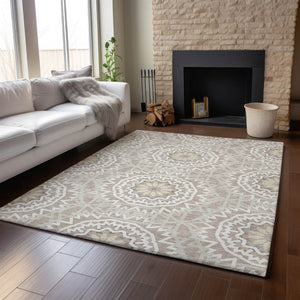 HomeRoots 10' X 14' Stylish Taupe and Ivory Geometric Area Rug - Washable, UV Protected, Stain Resistant! 652305