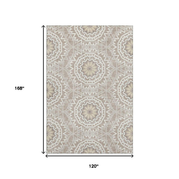 HomeRoots 10' X 14' Stylish Taupe and Ivory Geometric Area Rug - Washable, UV Protected, Stain Resistant! 652305