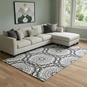 HomeRoots 9' X 12' Stylish White and Black Geometric Area Rug - Washable, UV Protected, Perfect for High-Traffic Areas 652310
