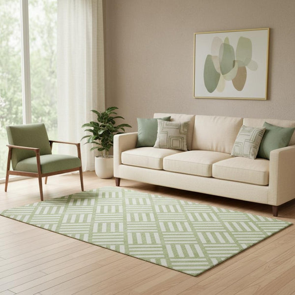 HomeRoots 5' X 8' Artichoke Green Geometric Washable Area Rug – UV Protection, Stain Resistant, Stylish Comfort 652313