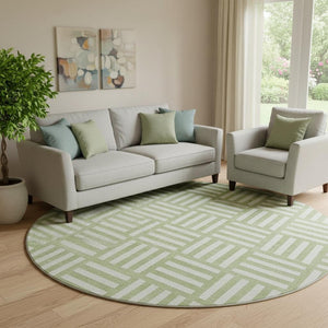 HomeRoots 8' Artichoke Green & Ivory Geometric Round Rug – Washable, UV Protected, Perfect for High-Traffic Areas 652314