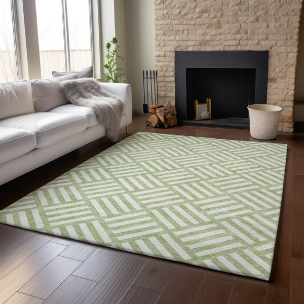 HomeRoots 8' X 10' Artichoke Green Geometric Washable Area Rug with UV Protection - Durable & Stylish Design 652315