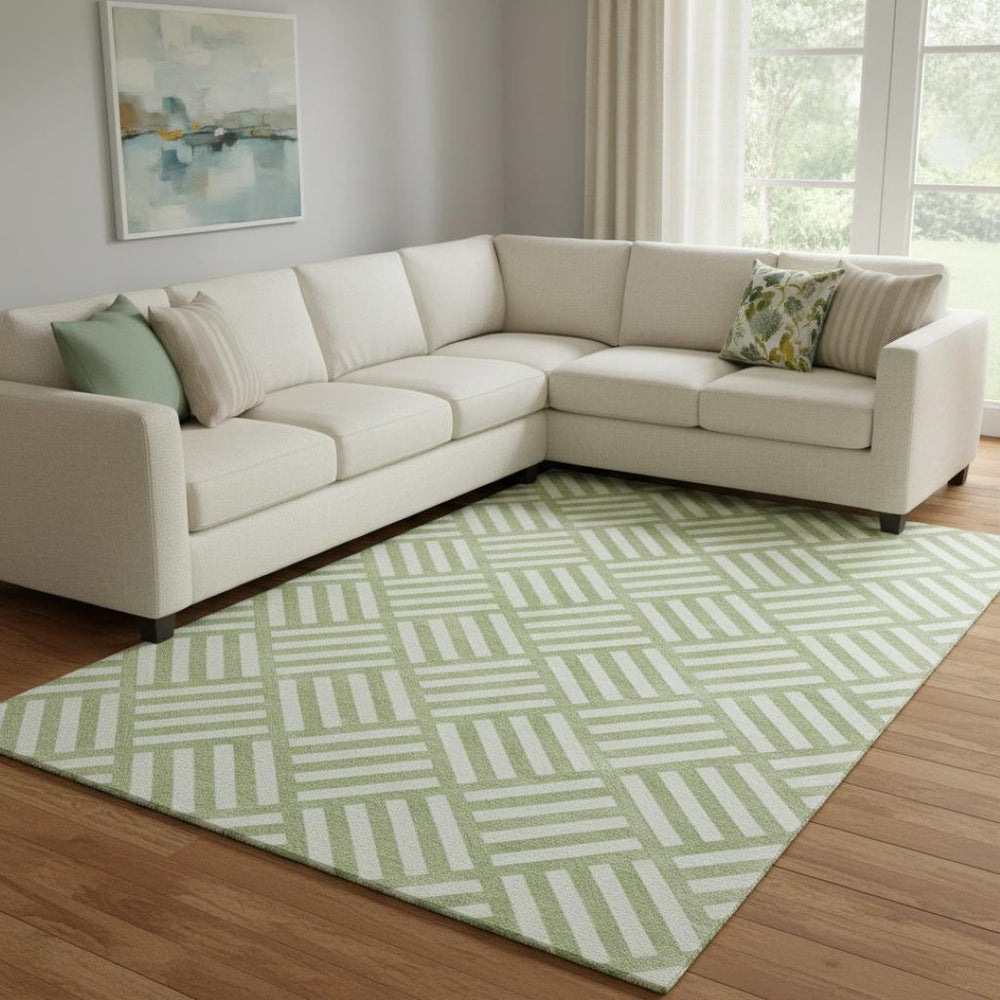 HomeRoots 9' X 12' Artichoke Green Geometric Washable Area Rug with UV Protection for Modern Homes & Families 652316
