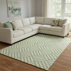 HomeRoots 9' X 12' Artichoke Green Geometric Washable Area Rug with UV Protection for Modern Homes & Families 652316