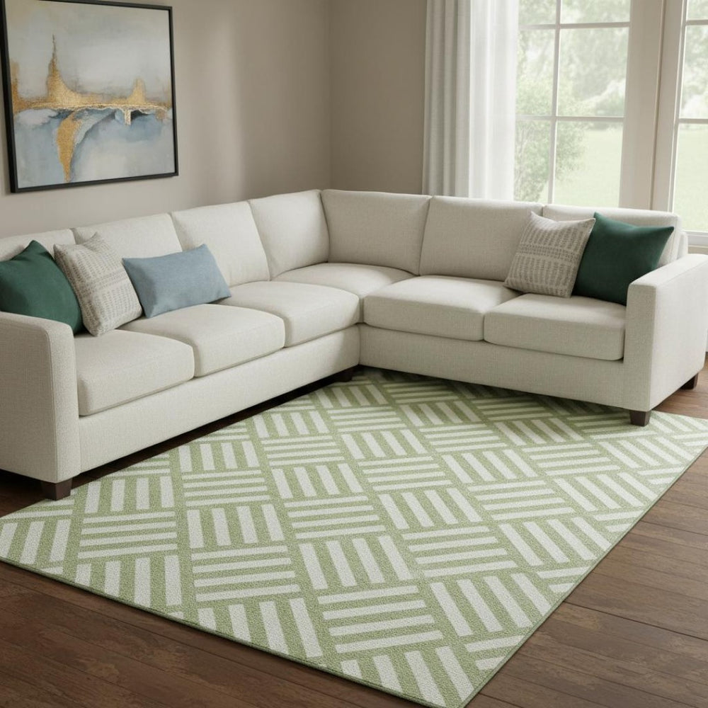 HomeRoots 10' X 14' Artichoke Green Geometric Area Rug - Washable, UV Protected, Stain-Resistant & Stylish! 652317