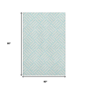 HomeRoots 5' X 8' Aqua and Ivory Geometric Washable Area Rug – Stain-Resistant, UV-Protected for High-Traffic Areas 652319
