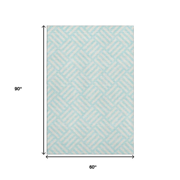 HomeRoots 5' X 8' Aqua and Ivory Geometric Washable Area Rug – Stain-Resistant, UV-Protected for High-Traffic Areas 652319