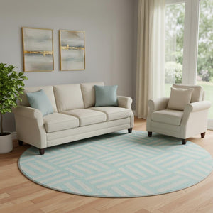 HomeRoots 8' Aqua and Ivory Geometric Round Rug – Stylish, Washable, UV-Protected for High-Traffic Areas! 652320