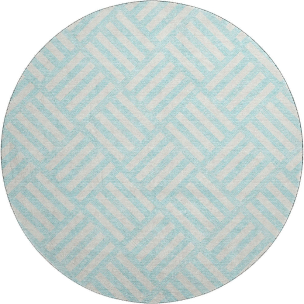 HomeRoots 8' Aqua and Ivory Geometric Round Rug – Stylish, Washable, UV-Protected for High-Traffic Areas! 652320