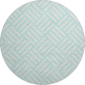 HomeRoots 8' Aqua and Ivory Geometric Round Rug – Stylish, Washable, UV-Protected for High-Traffic Areas! 652320