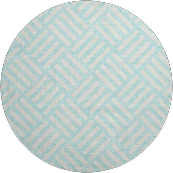 HomeRoots 8' Aqua and Ivory Geometric Round Rug – Stylish, Washable, UV-Protected for High-Traffic Areas! 652320