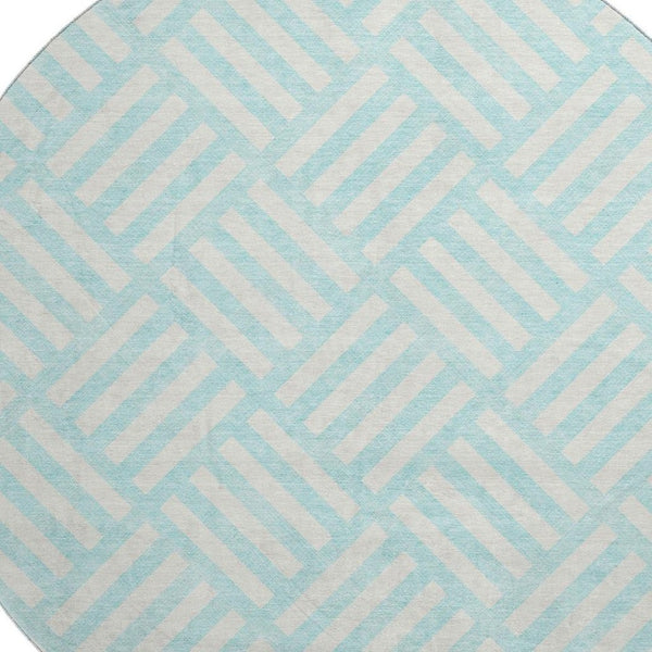 HomeRoots 8' Aqua and Ivory Geometric Round Rug – Stylish, Washable, UV-Protected for High-Traffic Areas! 652320
