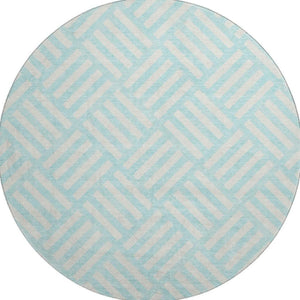 HomeRoots 8' Aqua and Ivory Geometric Round Rug – Stylish, Washable, UV-Protected for High-Traffic Areas! 652320