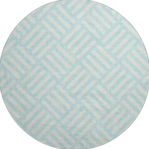 HomeRoots 8' Aqua and Ivory Geometric Round Rug – Stylish, Washable, UV-Protected for High-Traffic Areas! 652320
