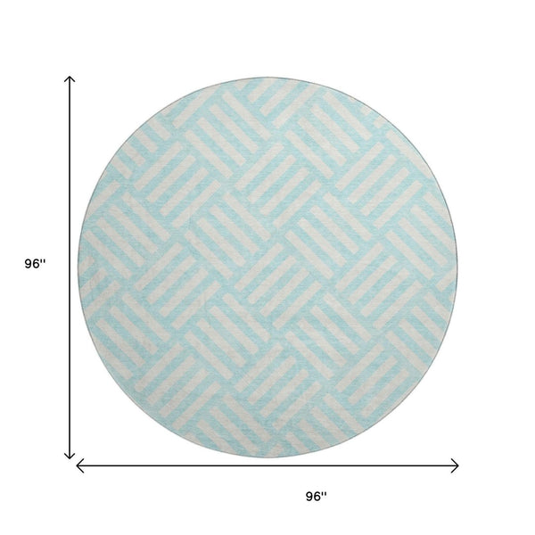 HomeRoots 8' Aqua and Ivory Geometric Round Rug – Stylish, Washable, UV-Protected for High-Traffic Areas! 652320